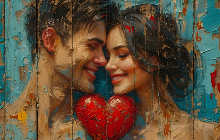 Romantic couple holding a red heart, with a colorful, textured background conveying affection and love.の素材