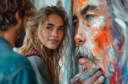 Portrait of a young woman and a man with colorful paint on his face, depicting artistic collaboration or creativity.の素材