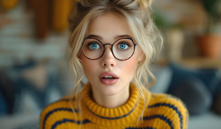 Portrait of a surprised young woman with glasses wearing a yellow sweater, with a blurred background.の素材