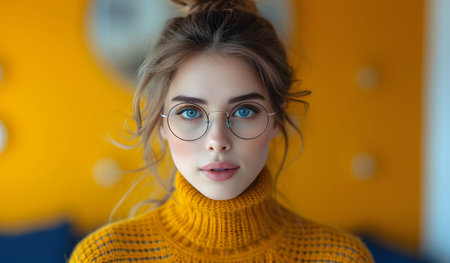 Portrait of a young woman with glasses wearing a yellow turtleneck, with a blurred blue and yellow background.の素材