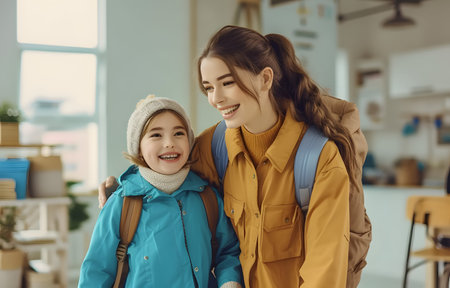 Happy mother and child with backpacks smiling indoors, ready for school.の素材