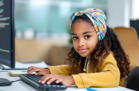 Smiling young girl with a colorful headband using a computer in a classroom setting.の素材