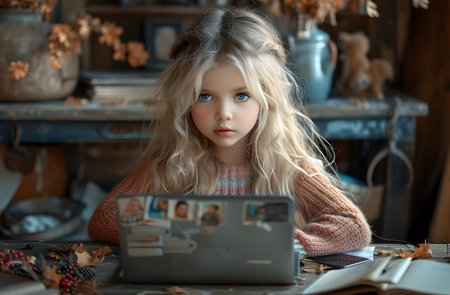 Portrait of a young girl with blonde hair, gazing intently, dressed in vintage clothing, with a picture frame in front.の素材