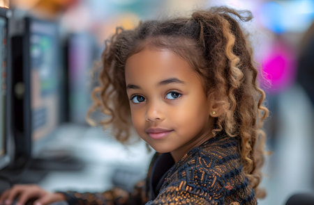 Portrait of a young girl with curly hair looking back, blurred urban background.の素材