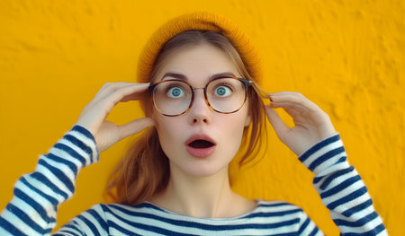 Surprised young woman with glasses against a vibrant yellow background.の素材