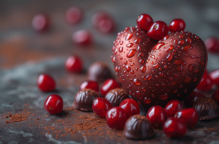 Chocolate heart with water droplets surrounded by red berries on a textured surface.の素材