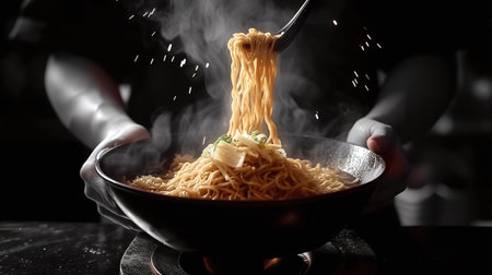 Chef tossing stir-fried noodles in a wok with steam, dark background.の素材