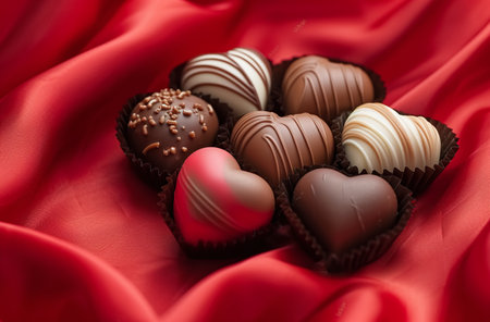 Assorted gourmet chocolates in heart shapes on a luxurious red satin fabric background.の素材