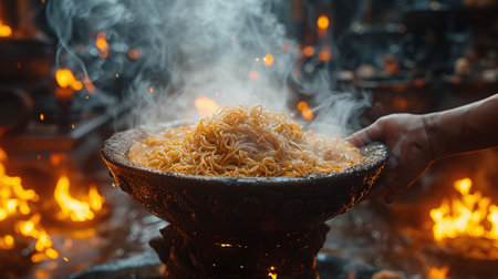 Traditional street food being cooked on an open flame, with steam rising from a wok.の素材