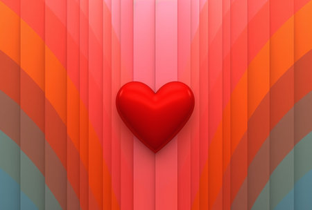 3D illustration of a shiny red heart centered on a background with vertical gradient stripes in shades of pink and orange, symbolizing love and affection.の素材