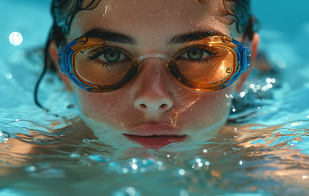 Close-up of a child swimmer with goggles in pool, water droplets on face.の素材