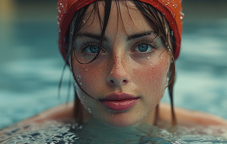Portrait of a woman with wet skin and a red swim cap emerging from water, gazing at the camera.の素材