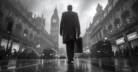 Businessman walking in London on a rainy day with Big Ben in the background.の素材