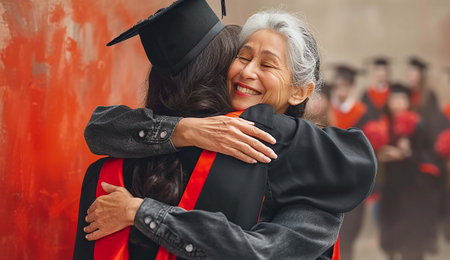 Graduate in cap and gown embracing an elderly woman, conveying pride and joy, with blurred graduates in the background.の素材