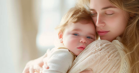 Tender moment between a mother and her baby, with soft natural lighting.の素材