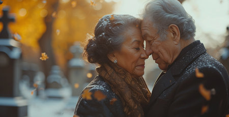 Elderly couple sharing a tender moment with foreheads touching, surrounded by autumn leaves.の素材
