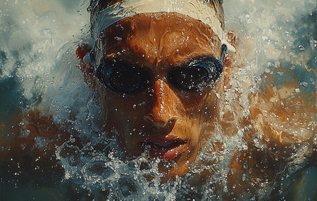 Focused swimmer with goggles in action, water splashing around face during intense swim.の素材