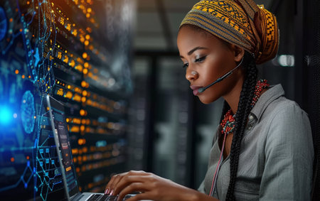 Focused female IT professional working in a server room with computer equipment.の素材