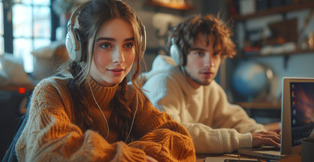 Smiling female customer support operator with headset working in a call center.の素材