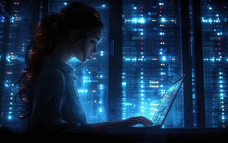 Woman working on laptop with futuristic digital background.の素材