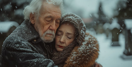 Elderly couple embracing in snow, showing love and care, with a blurred winter background.の素材