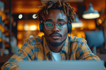 Focused young man with headphones working on laptop in a cozy cafe setting.の素材