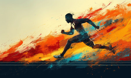 Dynamic abstract painting of a runner in motion, with vibrant splashes of color emphasizing speed and energy.の素材