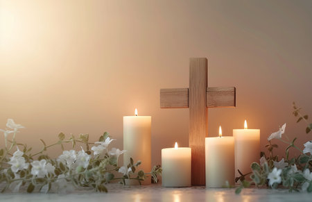 Tranquil scene with lit candles and a wooden cross, symbolizing spirituality and Christian faith.の素材