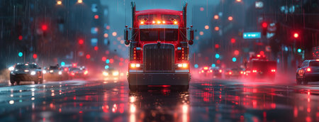 Semi-truck on wet city street at night with vibrant bokeh lightsの素材