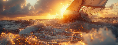 Sailboat at sunset with vibrant skies and rough sea waves, adventure and travel conceptの素材