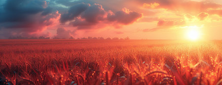 Breathtaking sunset over a vibrant wheat field with warm, glowing hues painting the sky and landscape.の素材