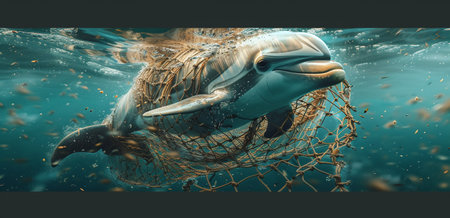 Dolphin entangled in fishing net underwater with fish swarm in the background.の素材