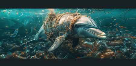 Dolphin entangled in fishing net underwater with fish swarm in the background.の素材