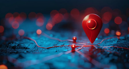 Red location pin on a map, symbolizing travel destination or navigation concept.の素材