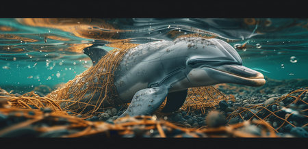 Dolphin entangled in fishing net underwater with fish swarm in the background.の素材
