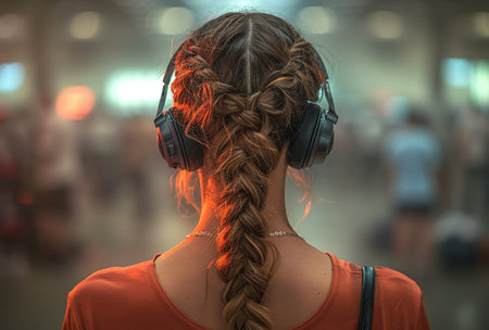 Woman with braided hair wearing headphones at a busy station.の素材