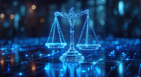 Digital scales of justice concept with glowing neon lines on a futuristic interface. Legal technology and cyber law symbol.の素材