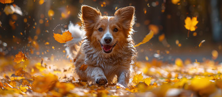 Happy corgi dog running through autumn leaves with a joyful expression, warm golden light illuminating the scene.の素材