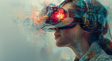 Futuristic woman with VR headset surrounded by digital graphicsの素材