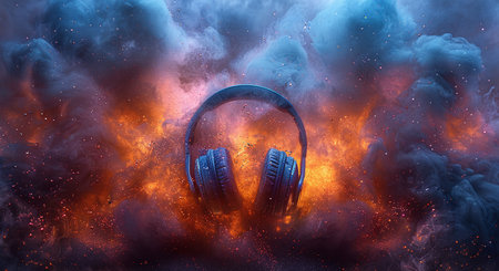 Headphones with colorful powder explosion on dark background, representing dynamic sound and music concept.の素材