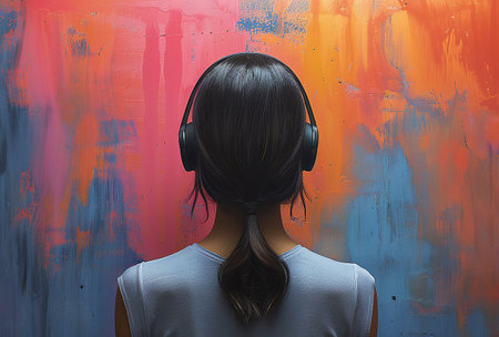 Woman with headphones against colorful graffiti wall, concept of modern music enjoyment.の素材
