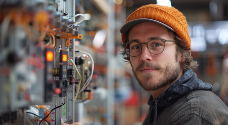 Focused male technician in glasses and beanie working on electrical panel in industrial setting.の素材