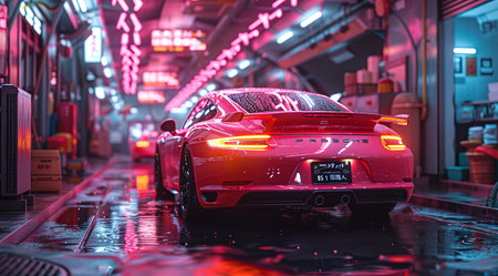 Luxury sports car on a neon-lit city street at night, reflecting on wet pavement.の素材