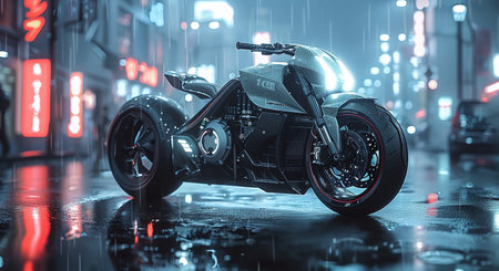 Futuristic motorcycle on a wet urban street at night, with neon lights reflecting on the pavement.の素材