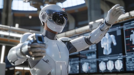 Futuristic robot with human-like features operating control panel in industrial setting.の素材