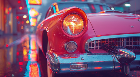 Vintage red car on a neon-lit street at night, reflecting the urban glow on wet pavement.の素材