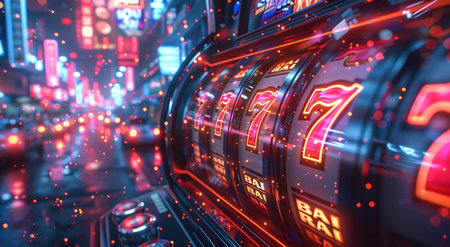 Vibrant slot machine reels with 777 jackpot, neon lights, and blurred casino background.の素材