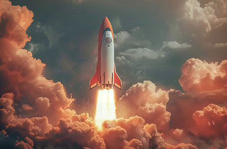 Space shuttle ascending through dramatic clouds with fiery rocket boosters.の素材
