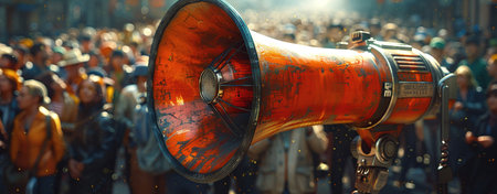 Close-up of a megaphone during a protest with blurred crowd in the background.の素材