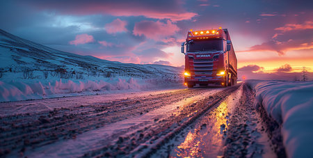 Semi-truck driving on snowy road at sunset with vibrant sky.の素材